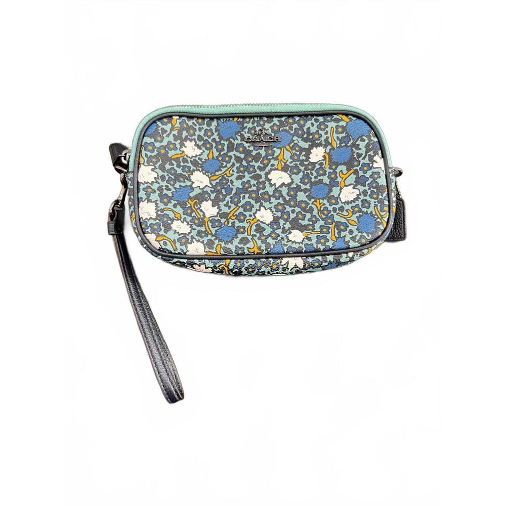 Coach NY, Yankee‎ Floral Print Canvas Crossbody Clutch Bag Purse Teal